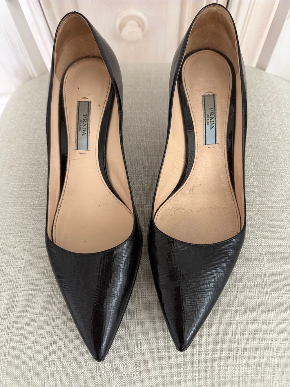 Prada Black Pointed-Toe Lizard-Texture Leather Pumps